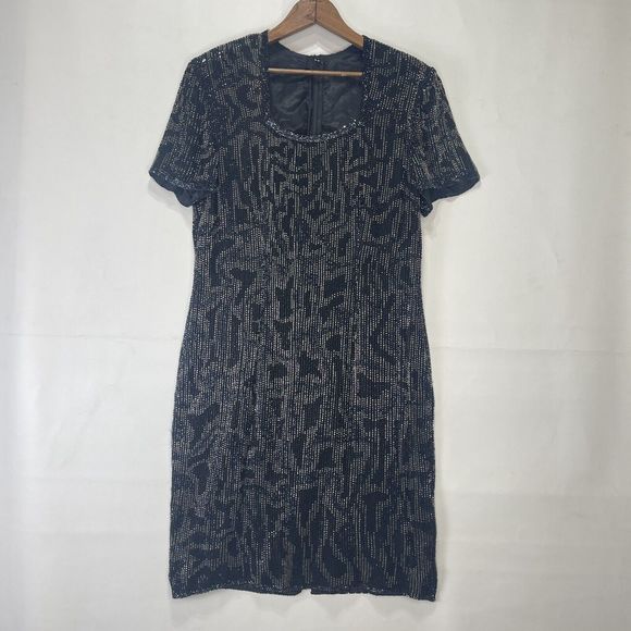 Vintage Dress Gown Midi Black Beaded Silk Evening Party Size M 90's 80's - Picture 1 of 16